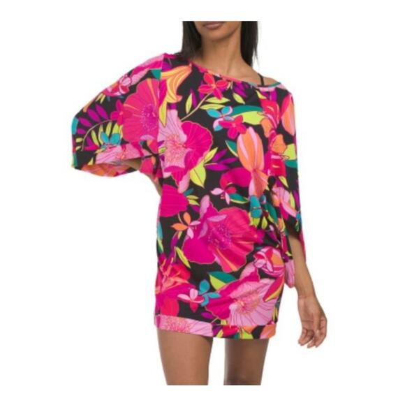 Trina Turk Tops - Trina Turk Floral Swim Cover Up Tunic Dress Pink Black Tropical Size S Resort